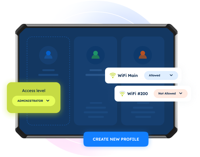 Digital interface showing user profiles with administrator access. Wi-Fi settings and a CREATE NEW PROFILE button are shown.