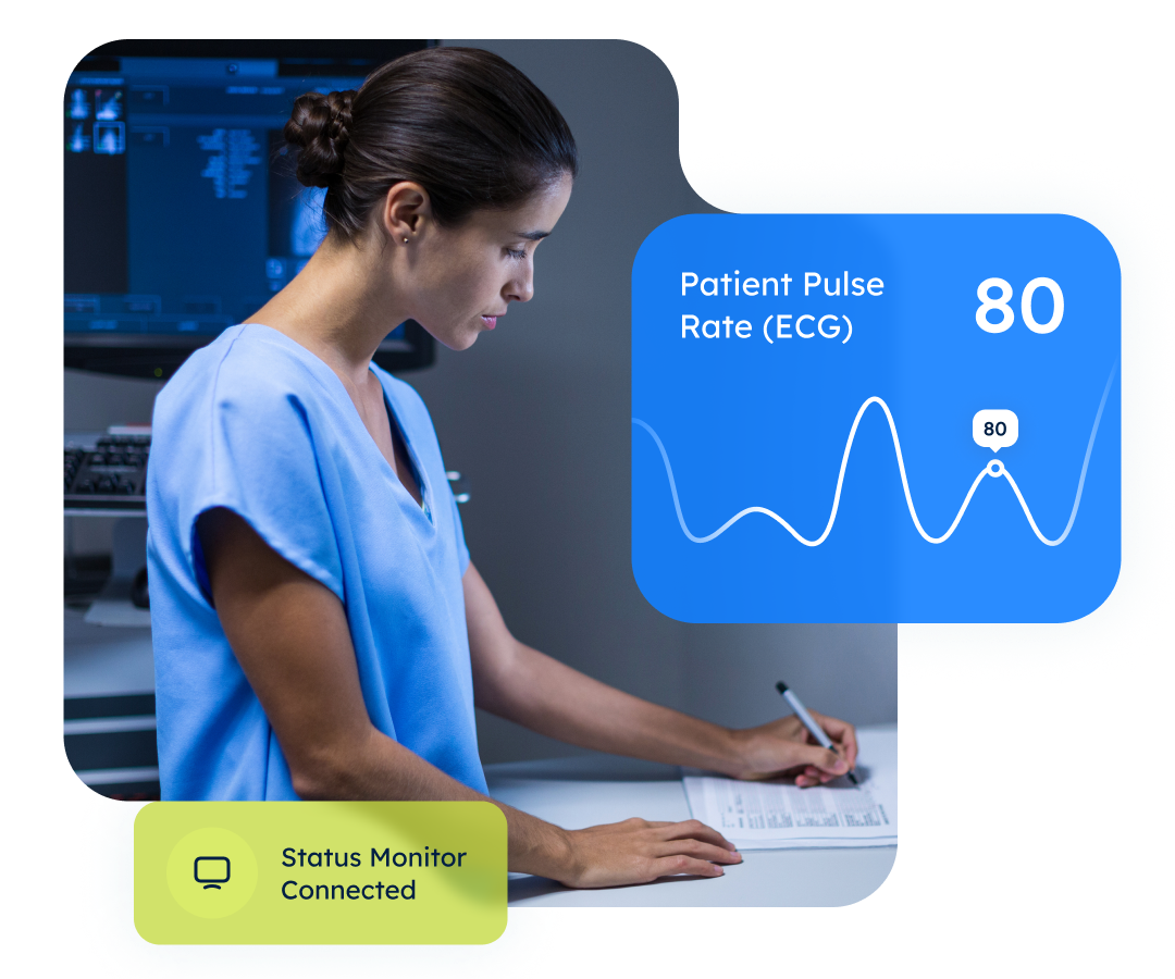 A person in scrubs writes at a desk; a computer displays patient data (ECG 80). Text indicates Status Monitor Connected.