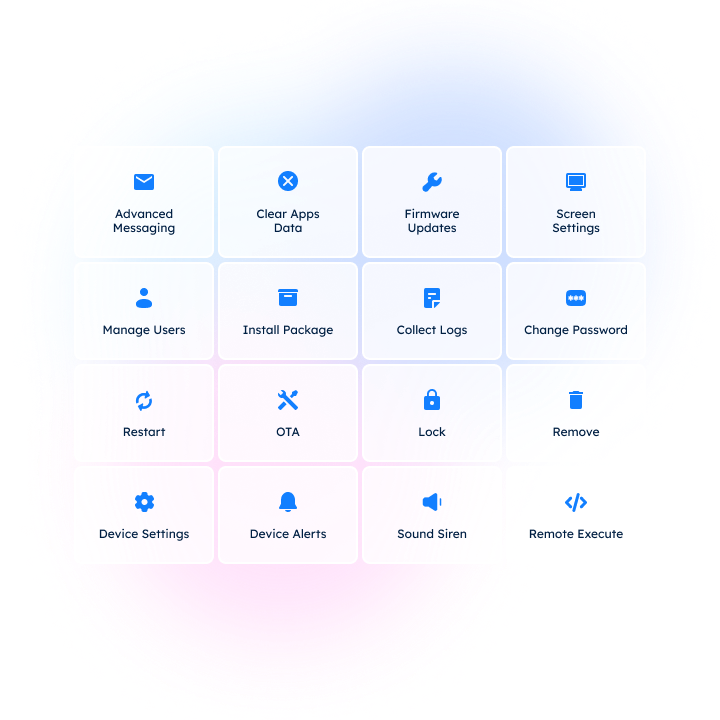 A grid of icons for device management, including messaging, updates, and settings.