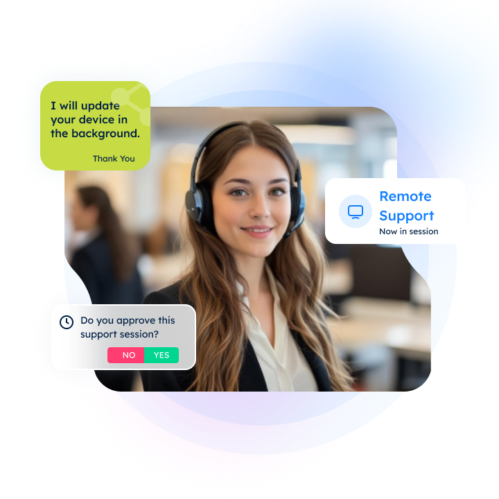 A person wearing a headset, with text bubbles about remote support.