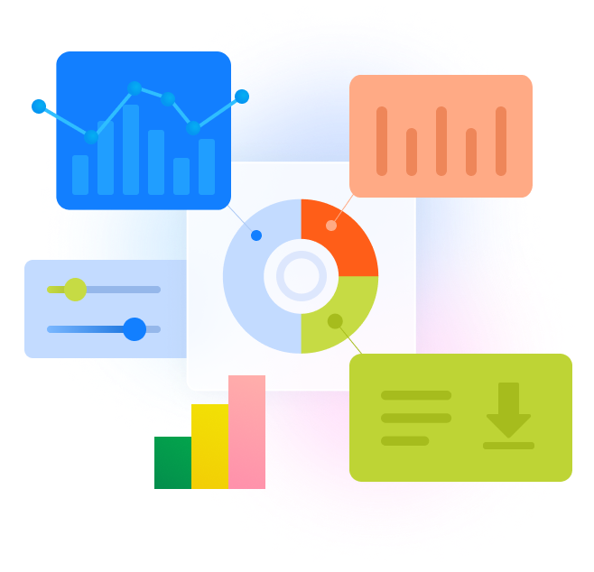 A central pie chart surrounded by various data visualizations (bar graphs, sliders).