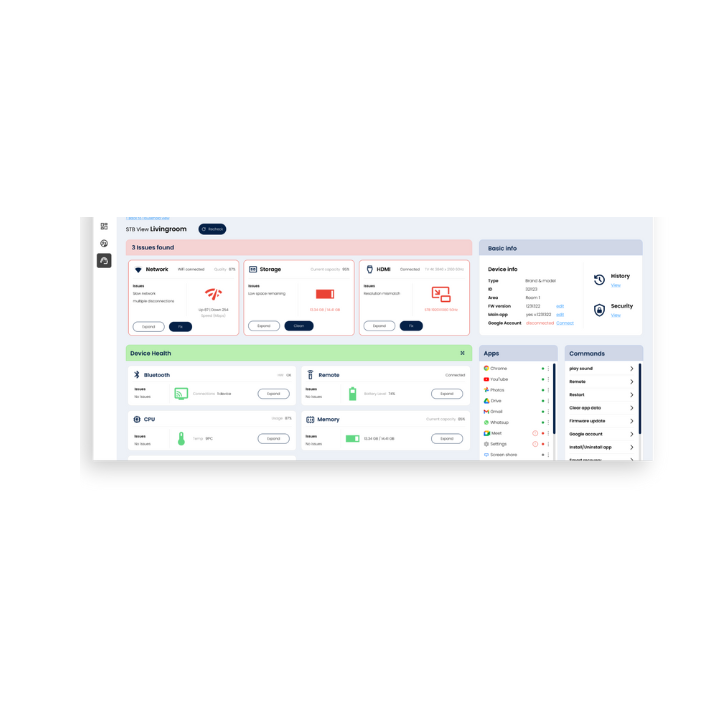 Dashboard showing 3 issues (network, storage, HDMI) and device health status.