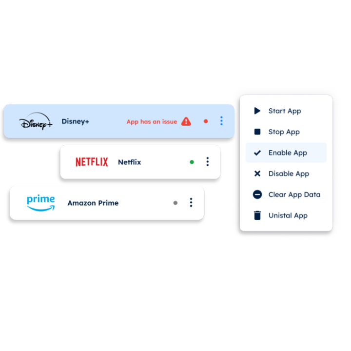 Status bars for Disney+ (issue), Netflix (active), and Amazon Prime (inactive). A dropdown menu offers options like Start and Uninstall.