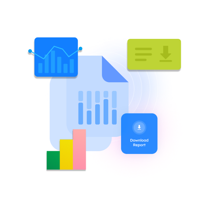 A stylized document with charts and icons for data analytics. Text indicates Download Report.