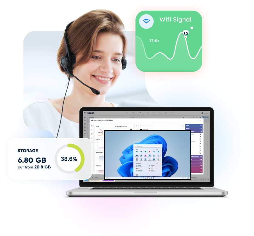 A woman wearing a headset smiles; a laptop displays a dashboard with Wi-Fi signal, storage, and graphs.