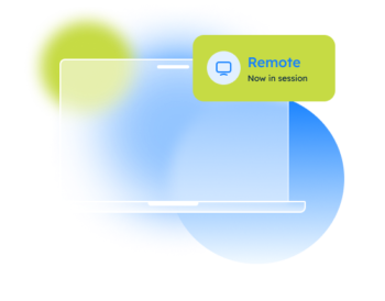 A semi-transparent laptop with a notification: Remote Now in session.