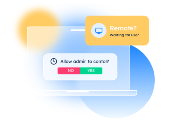 Laptop displaying Allow admin to control? with NO/YES options. A notification reads, Remote? Waiting for user.