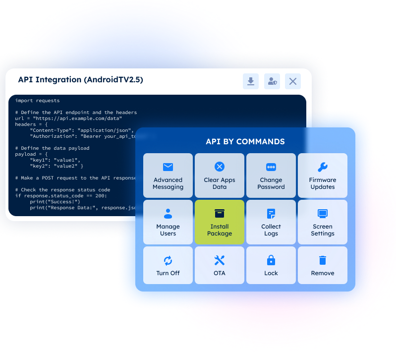 Code snippet and command grid illustrating API integration for AndroidTV2.5. Command options include messaging, data clearing, and updates.