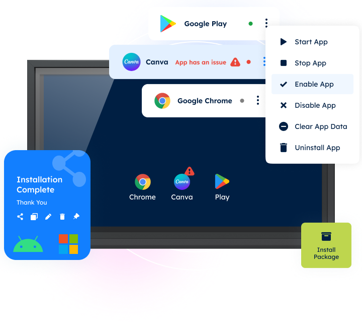 A screen showing app icons (Chrome, Canva, Play) with options and issue notifications. Text indicates Installation Complete.