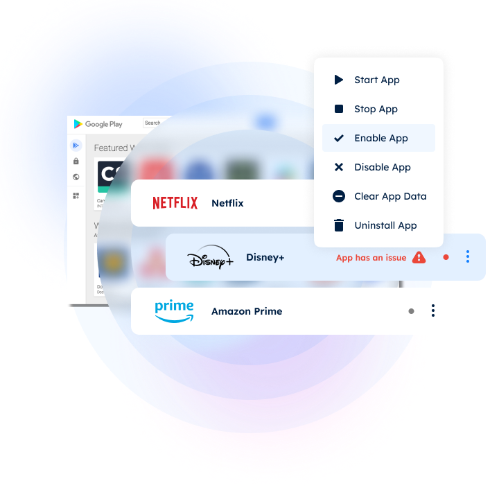 Menu overlay showing app actions (Start, Stop, Enable) for Netflix, Disney+, and Amazon Prime. Disney+ has an issue notification.