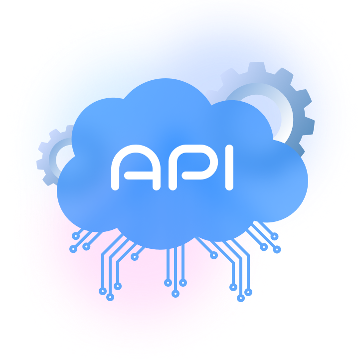 A blue cloud labeled API connects to circuit lines, representing connectivity.