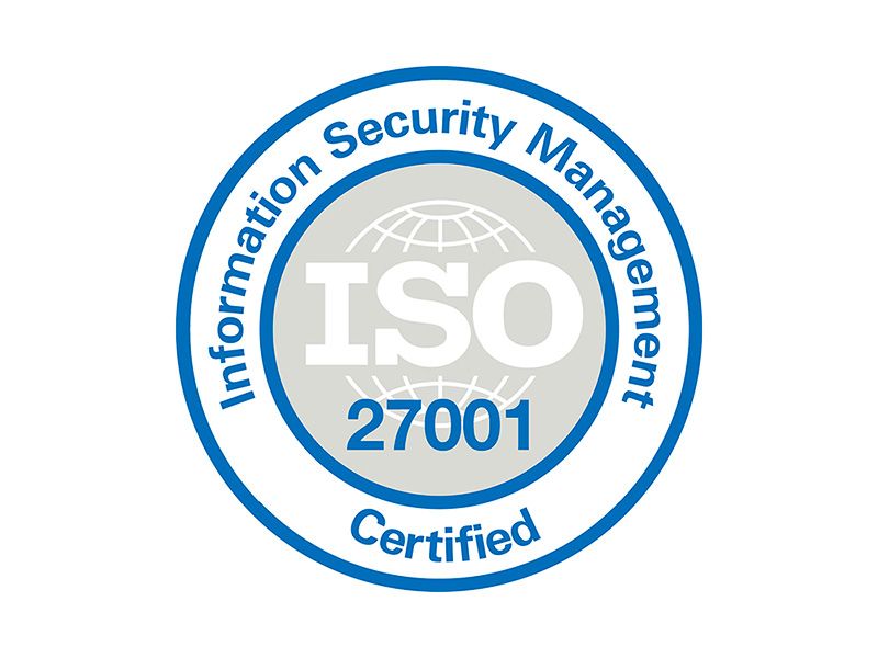 Circular badge: ISO 27001 Information Security Management Certified.