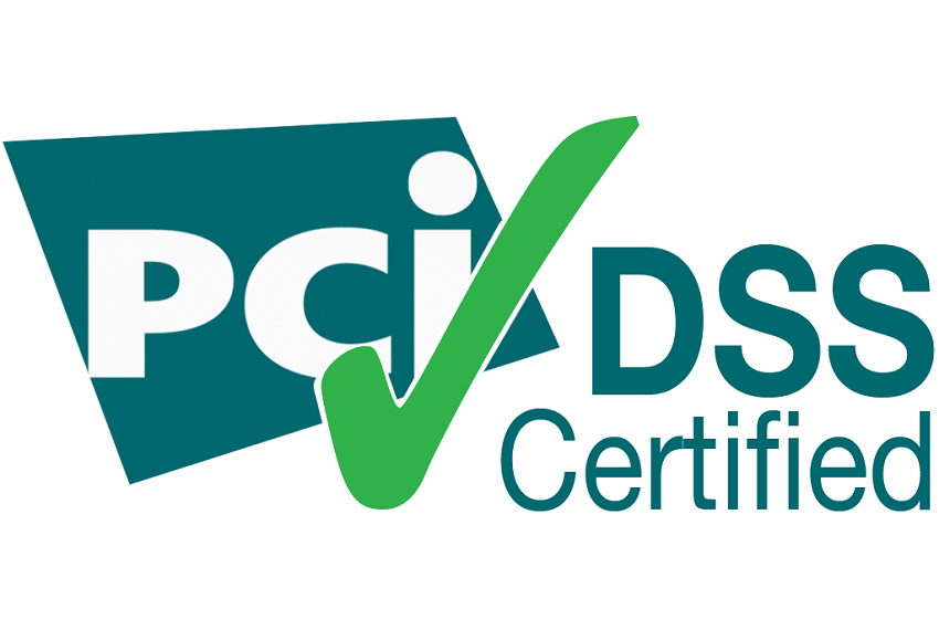 Green checkmark over PCI DSS Certified, indicating data security compliance.