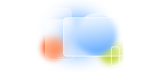 Three overlapping translucent rectangles float on a blurred background of blue, red, and green circles. This creates a colorful design.