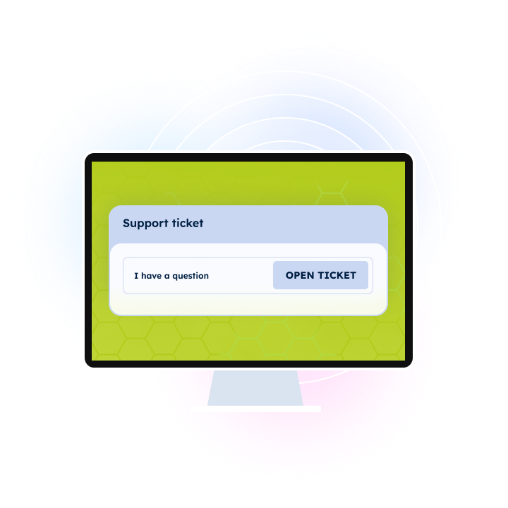 Computer screen showing a support ticket form with an OPEN TICKET button.
